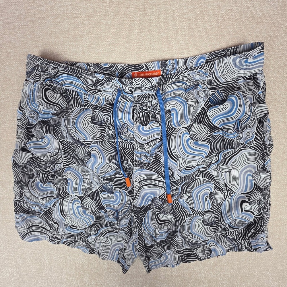 Tori Richard Mens Abstract Fish Wave Print Swim Trunks Blue Black White‎ Size 36